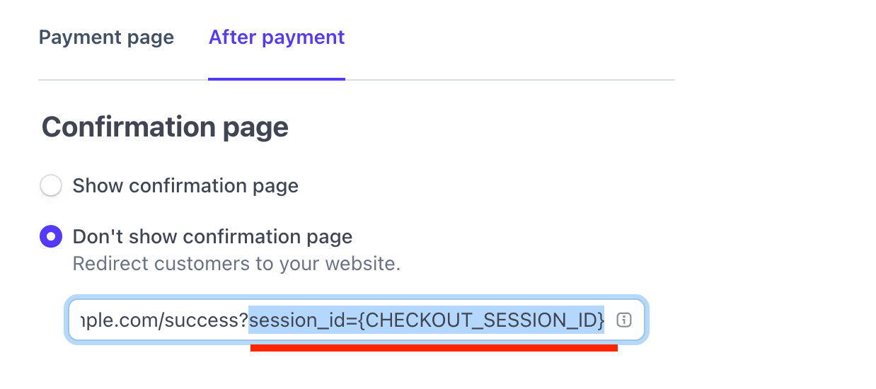 Stripe Payment Link After payment settings with a redirect URL containing the Checkout Session ID