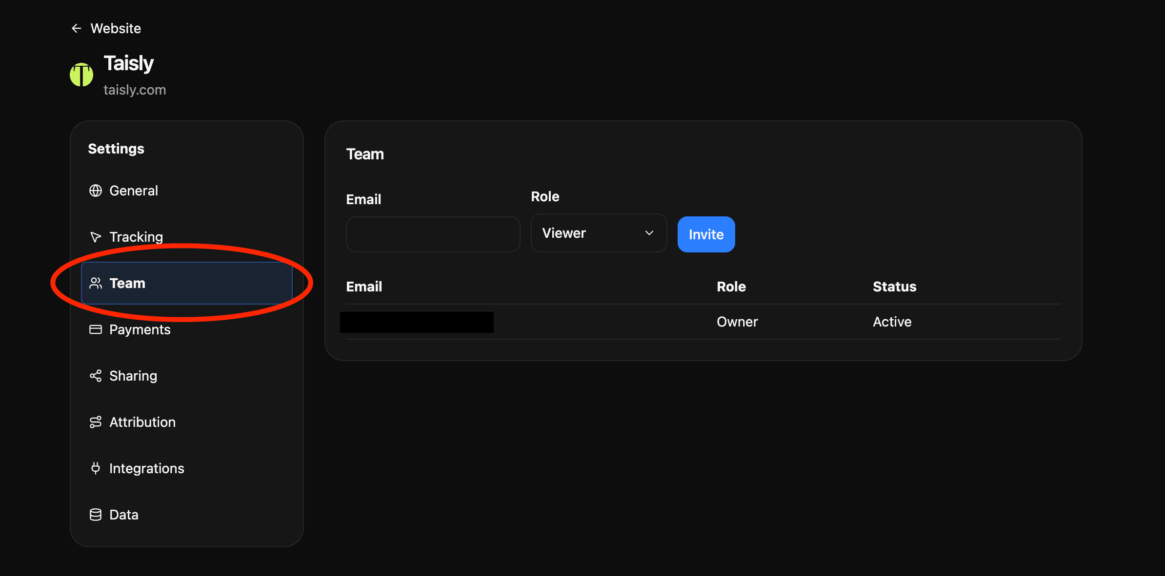 Talivia Team settings with the invitation form and current website members