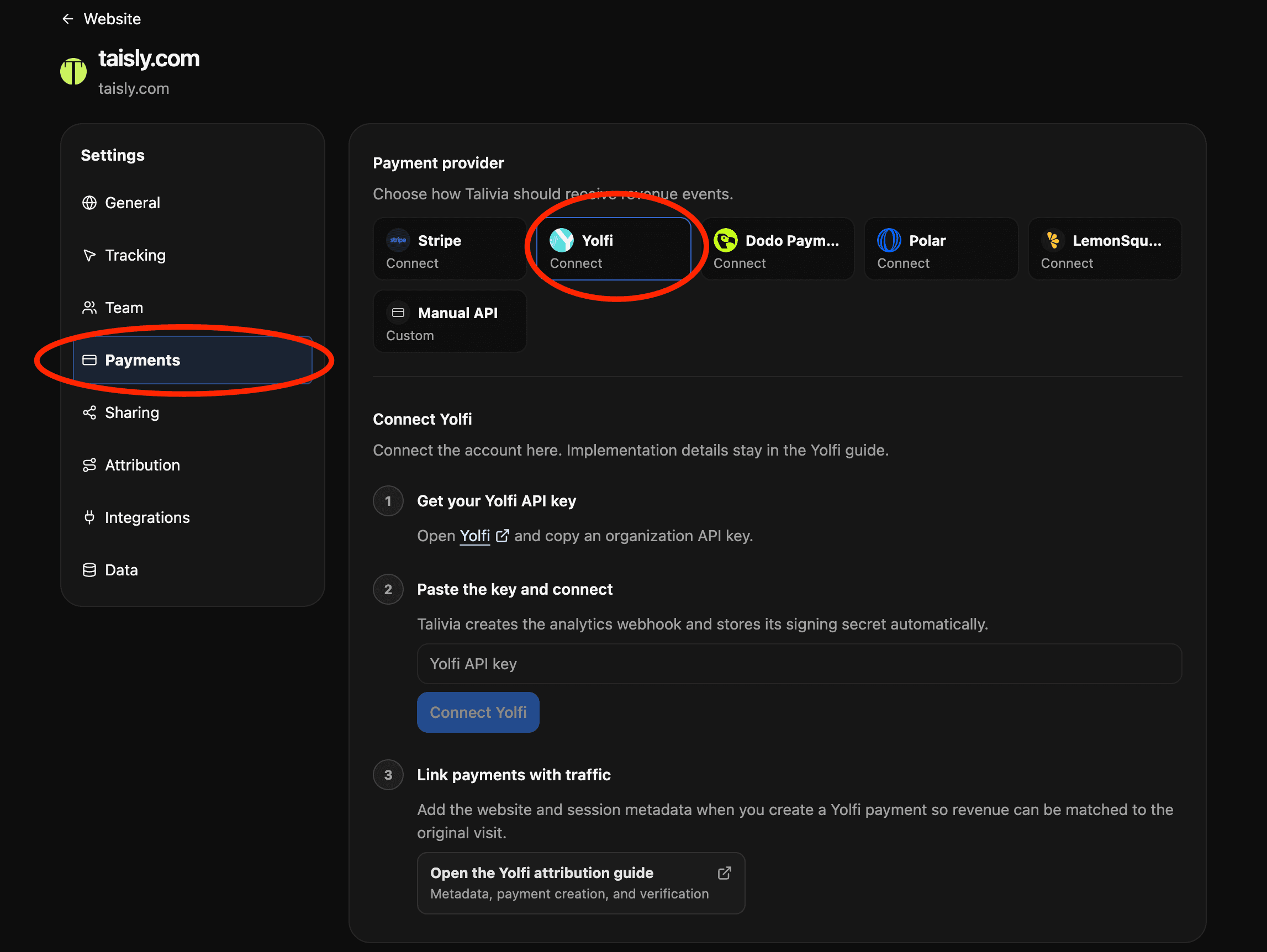 Select Yolfi in the Talivia payment provider settings
