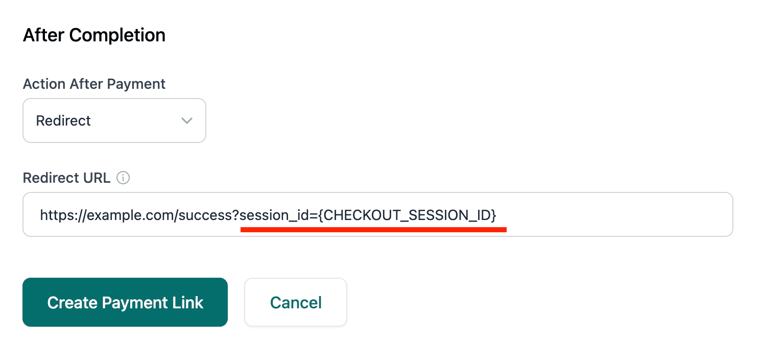 Yolfi Payment Link redirect URL with the Checkout Session ID